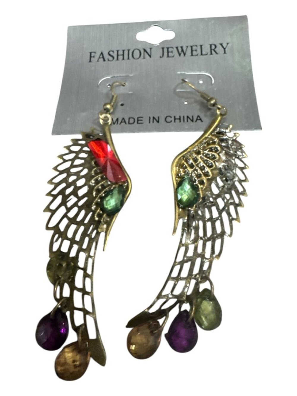 Angel Wing Drop Earrings With Colorful Gems Lightweight Metal Design Elegant Fas